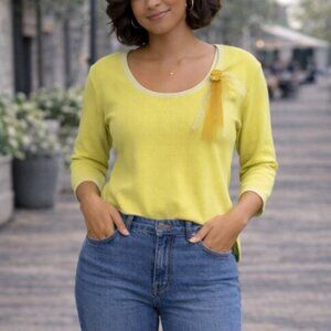 Liz Claiborne Neon Yellow 3/4 Sleeve Top with Ribbon Detail